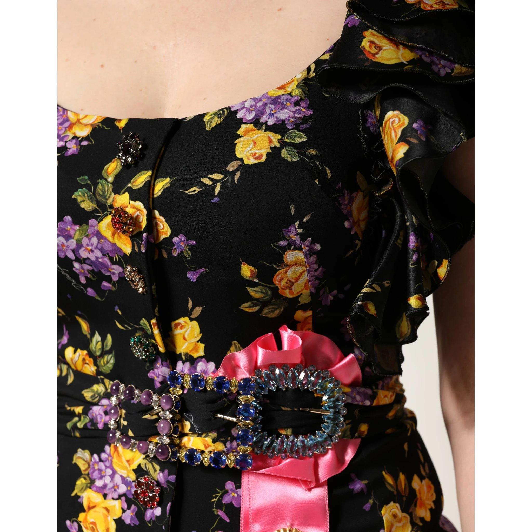 Black Purple Crystal Brooch Silk Midi Dress