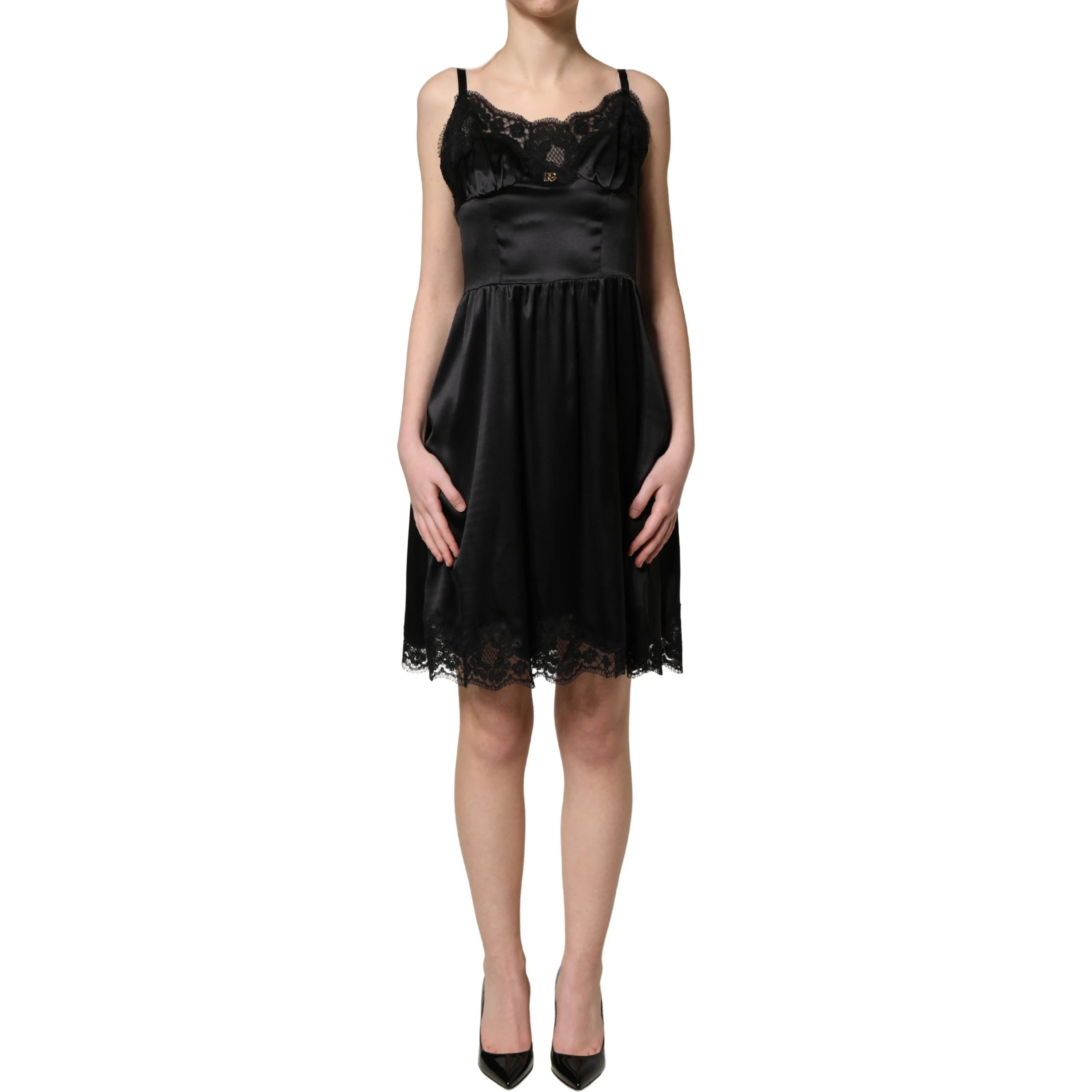 Black Silk Satin Lace Sleeveless Mini Dress