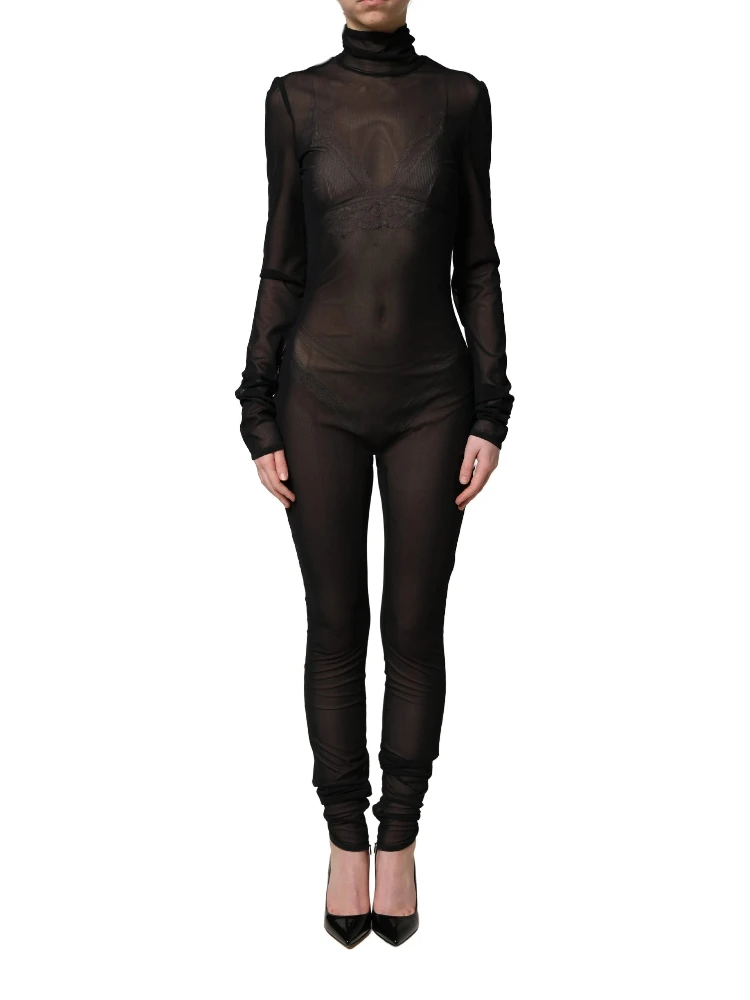 Black Nylon Sheer Turtleneck Jumpsuit Dress