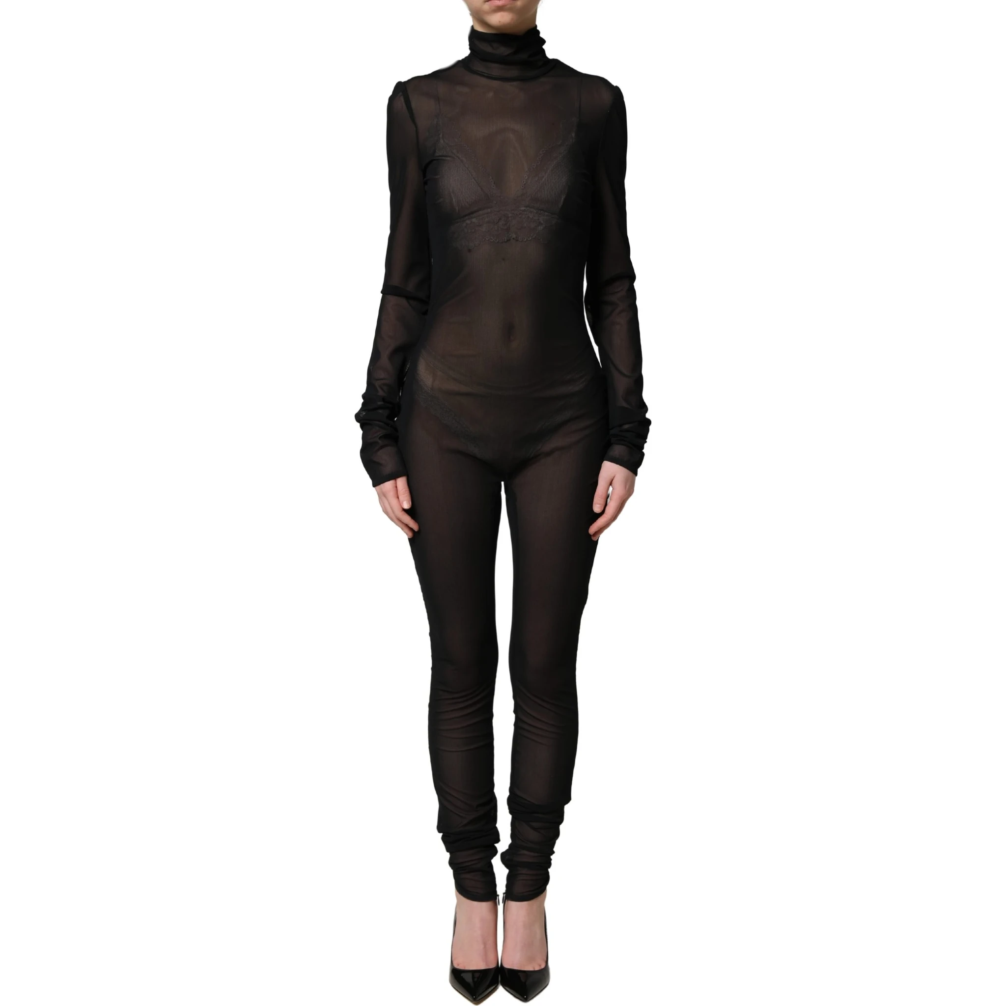 Black Nylon Sheer Turtleneck Jumpsuit Dress