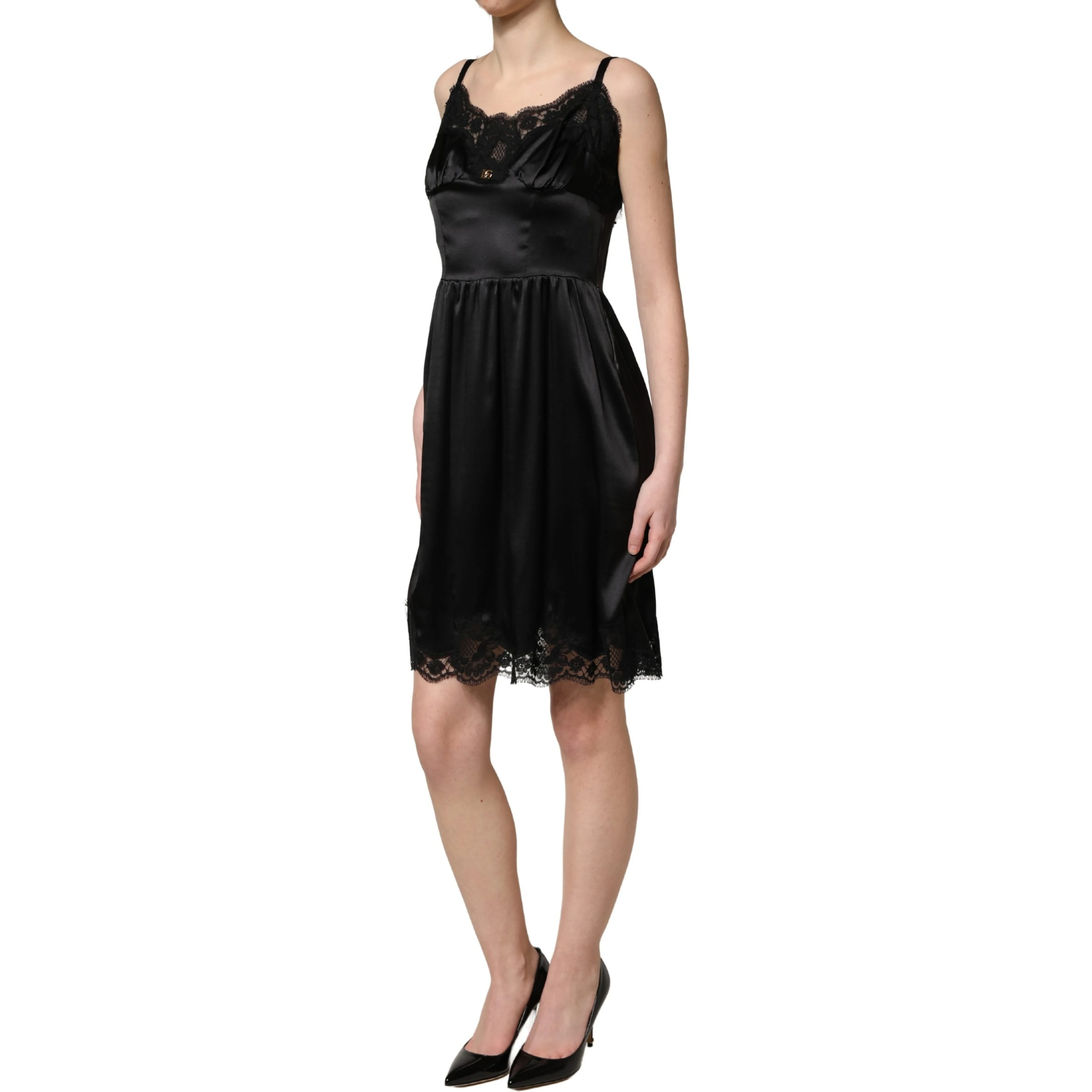 Black Silk Satin Lace Sleeveless Mini Dress