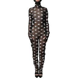 Black White Logo Print Hooded Jumpsuit Dress