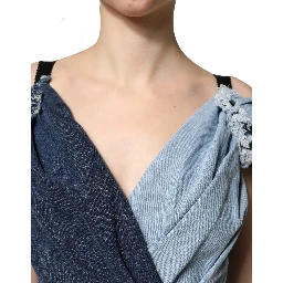 Blue Cotton Patchwork Denim Mini Sheath Dress