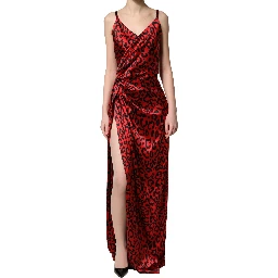 Red Leopard Print Silk Side Slit Maxi Dress