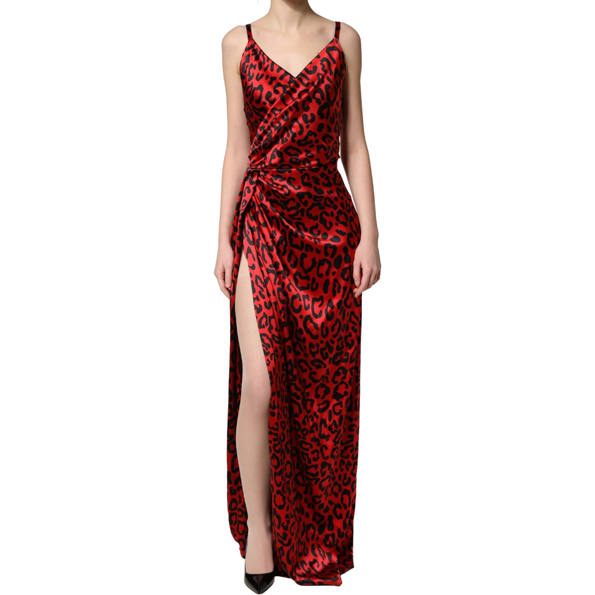 Red Leopard Print Silk Side Slit Maxi Dress