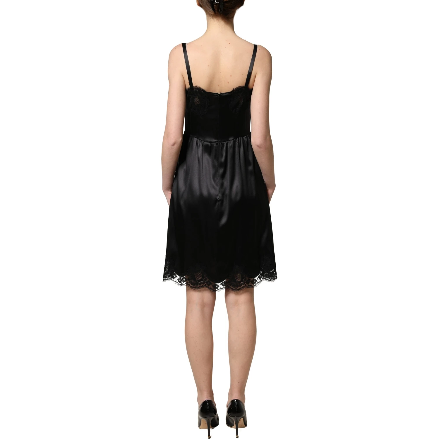 Black Silk Satin Lace Sleeveless Mini Dress