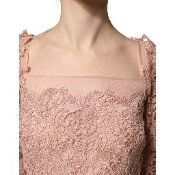 Pink Lace Long-Sleeved Evening Gown Dress