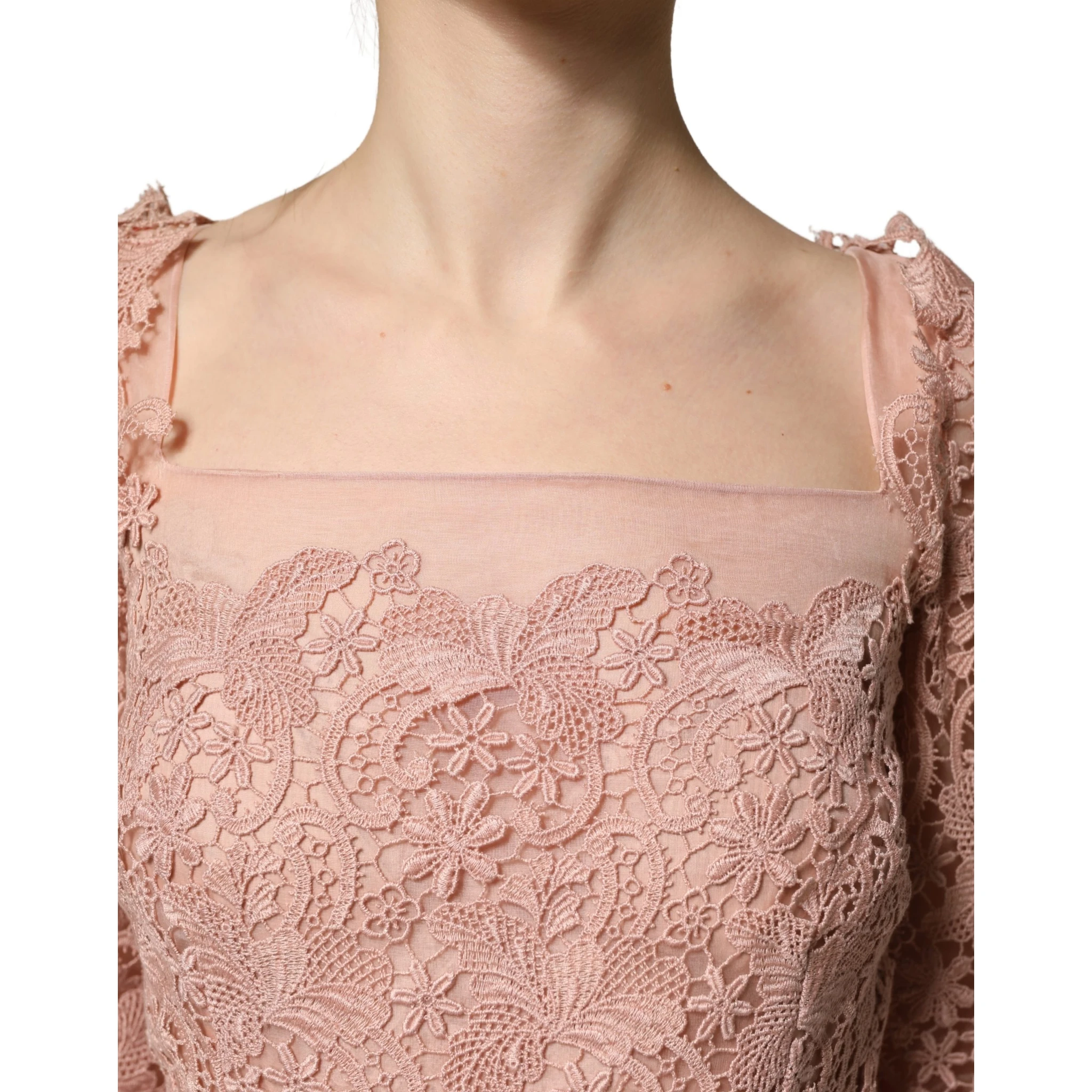 Pink Lace Long-Sleeved Evening Gown Dress