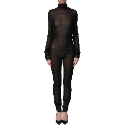 Black Nylon Sheer Turtleneck Jumpsuit Dress