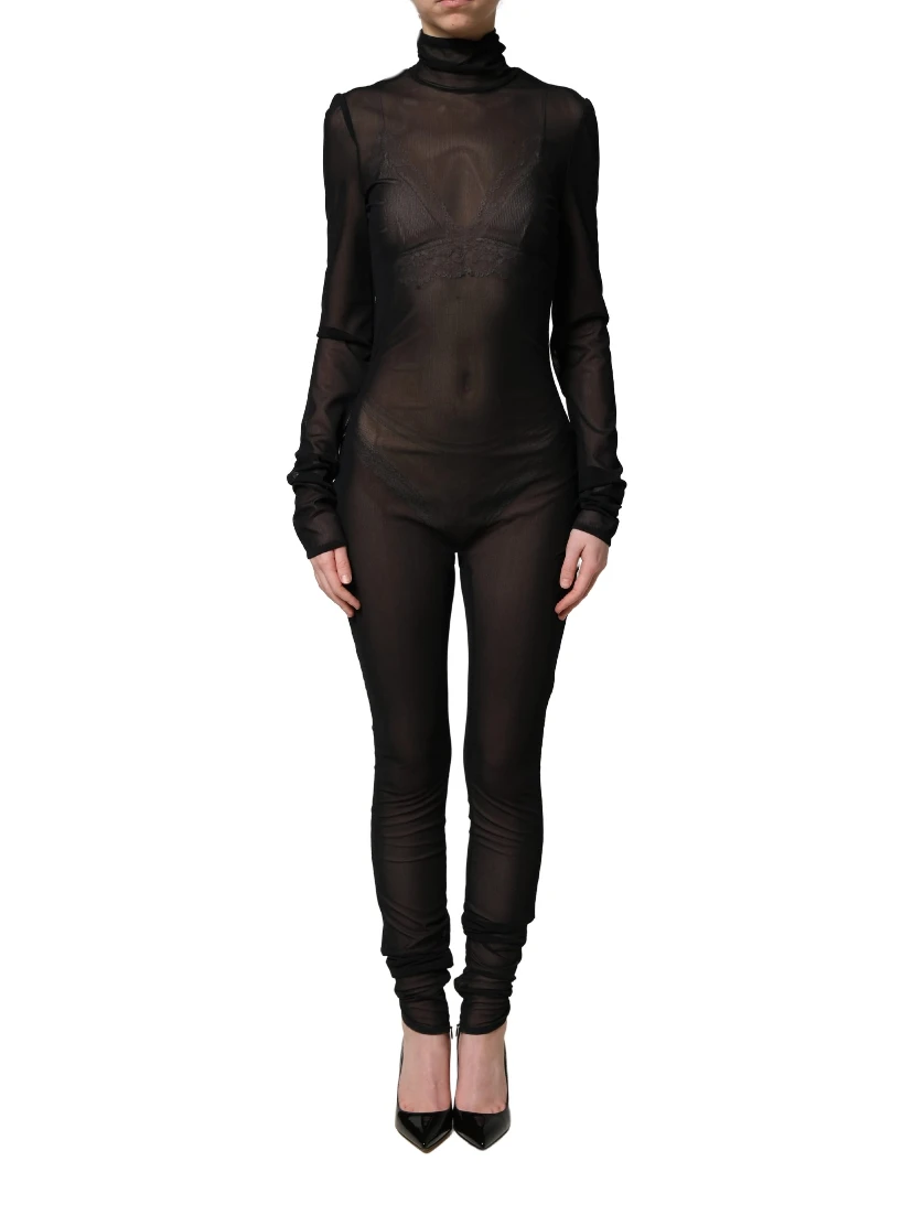 Black Nylon Sheer Turtleneck Jumpsuit Dress