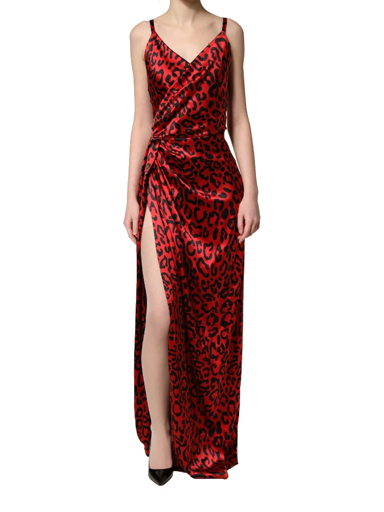 Red Leopard Print Silk Side Slit Maxi Dress alternative