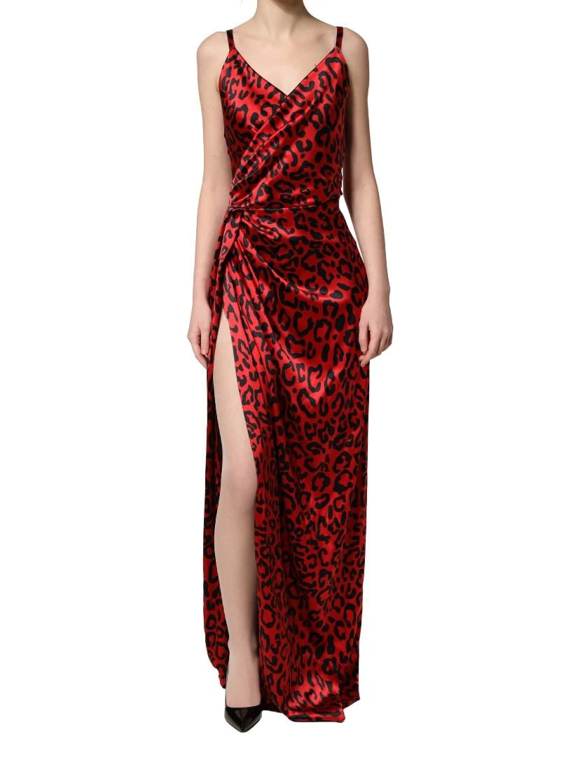 Red Leopard Print Silk Side Slit Maxi Dress