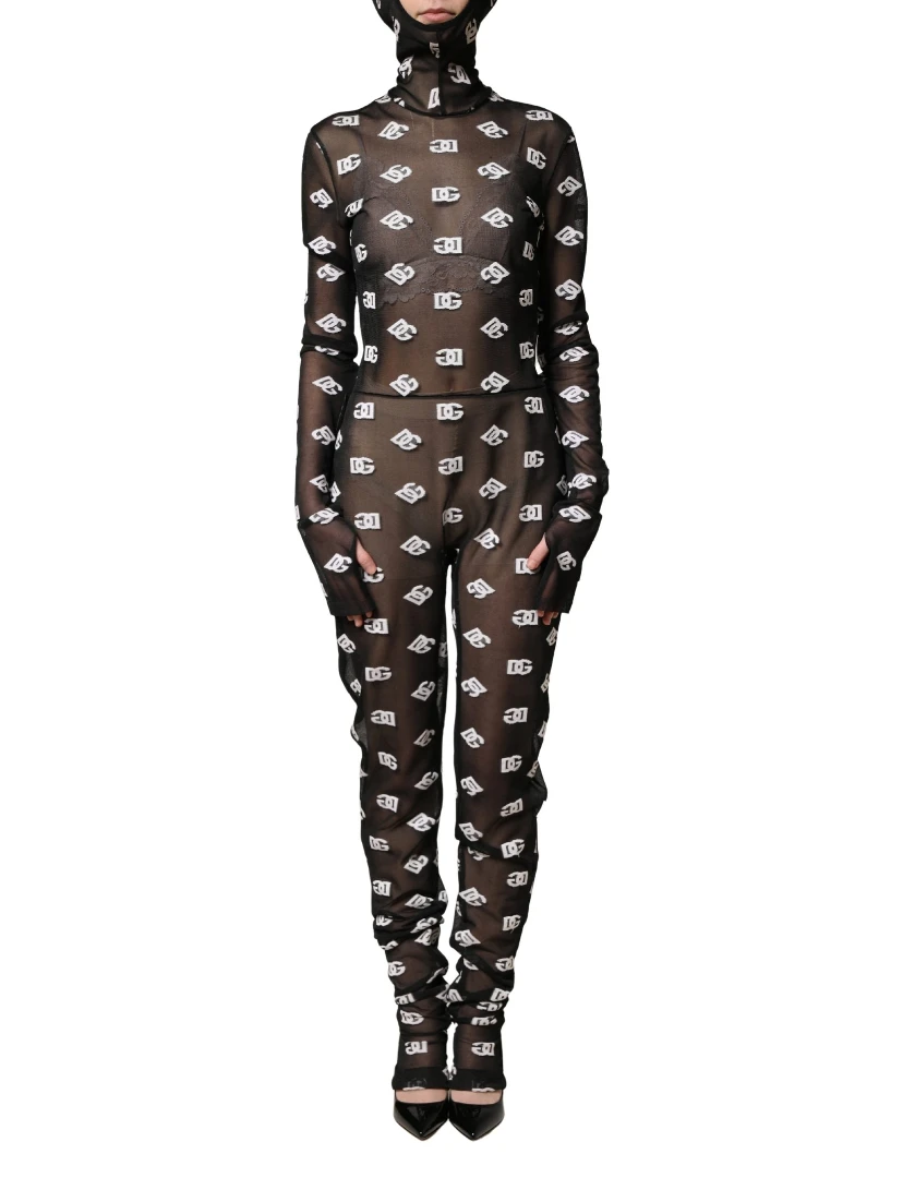 Black White Logo Print Hooded Jumpsuit Dress