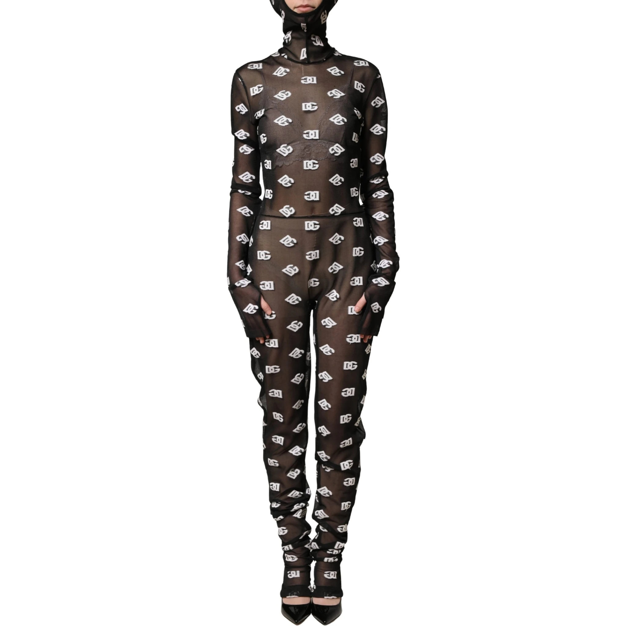 Black White Logo Print Hooded Jumpsuit Dress