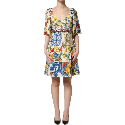 Multicolor Majolica Print Cotton Mini Dress