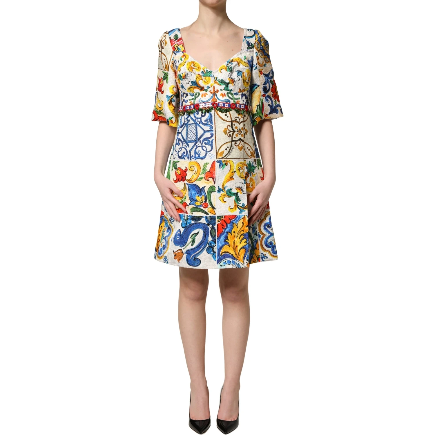 Multicolor Majolica Print Cotton Mini Dress