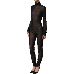 Black Nylon Sheer Turtleneck Jumpsuit Dress