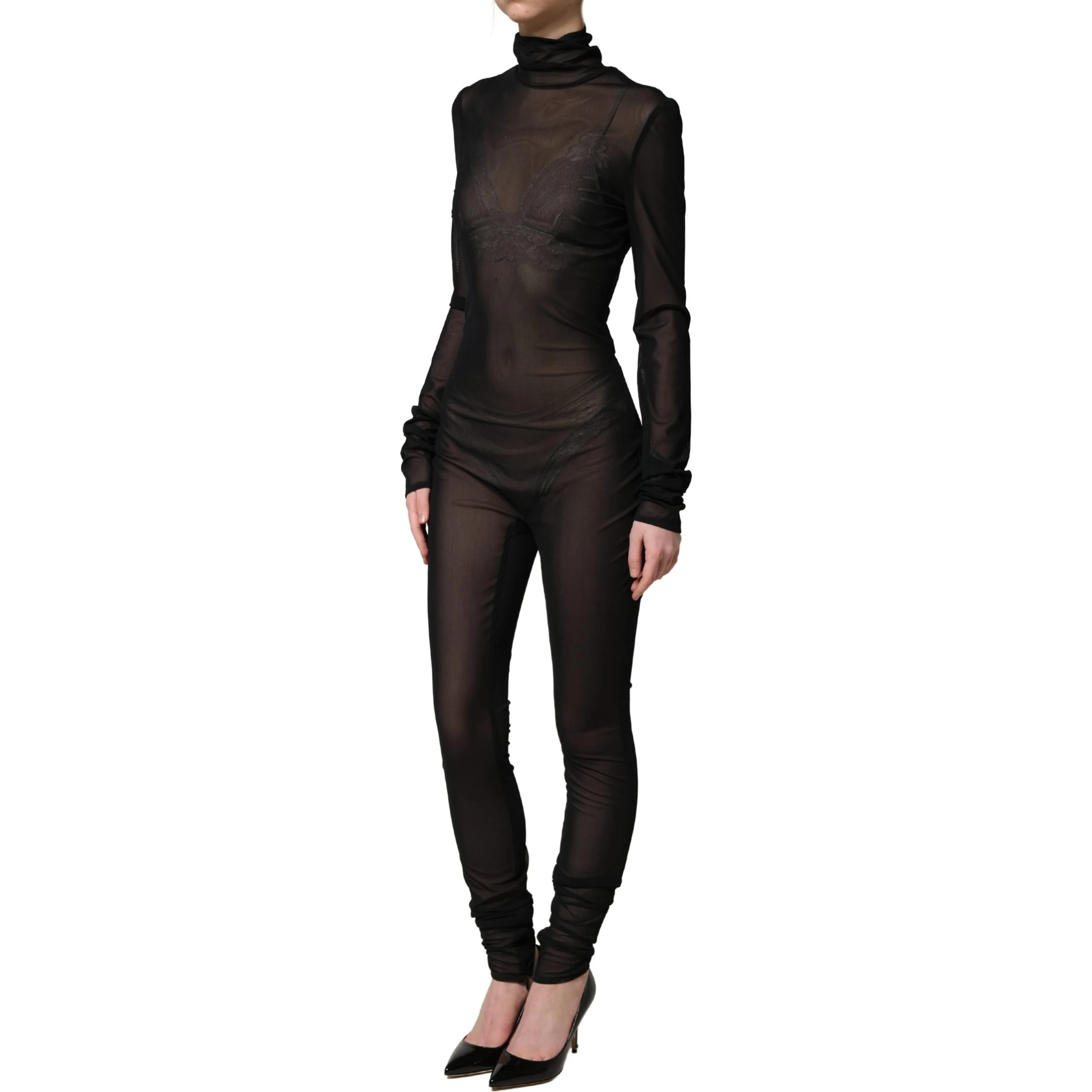 Black Nylon Sheer Turtleneck Jumpsuit Dress