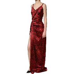Red Leopard Print Silk Side Slit Maxi Dress