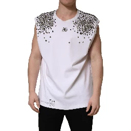 White Rhinestones Sleeveless Round Neck T-shirt