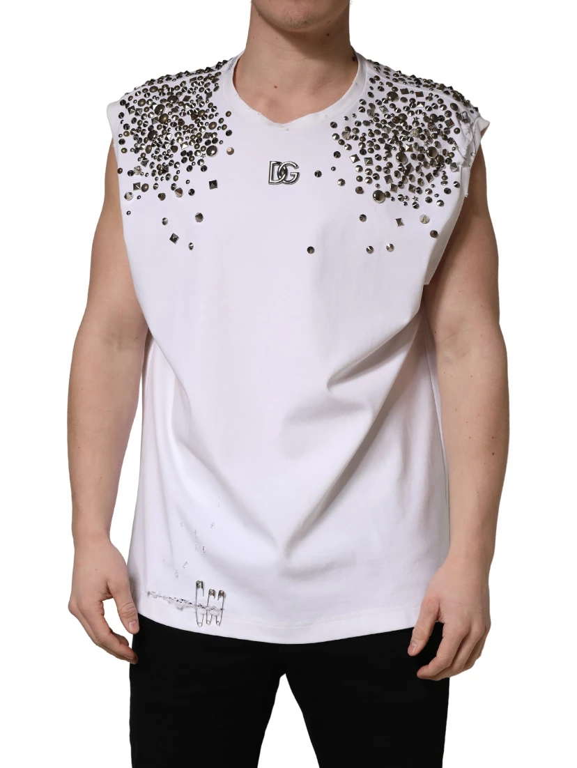 White Rhinestones Sleeveless Round Neck T-shirt