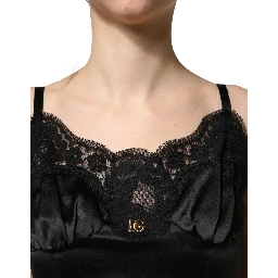 Black Silk Satin Lace Sleeveless Mini Dress