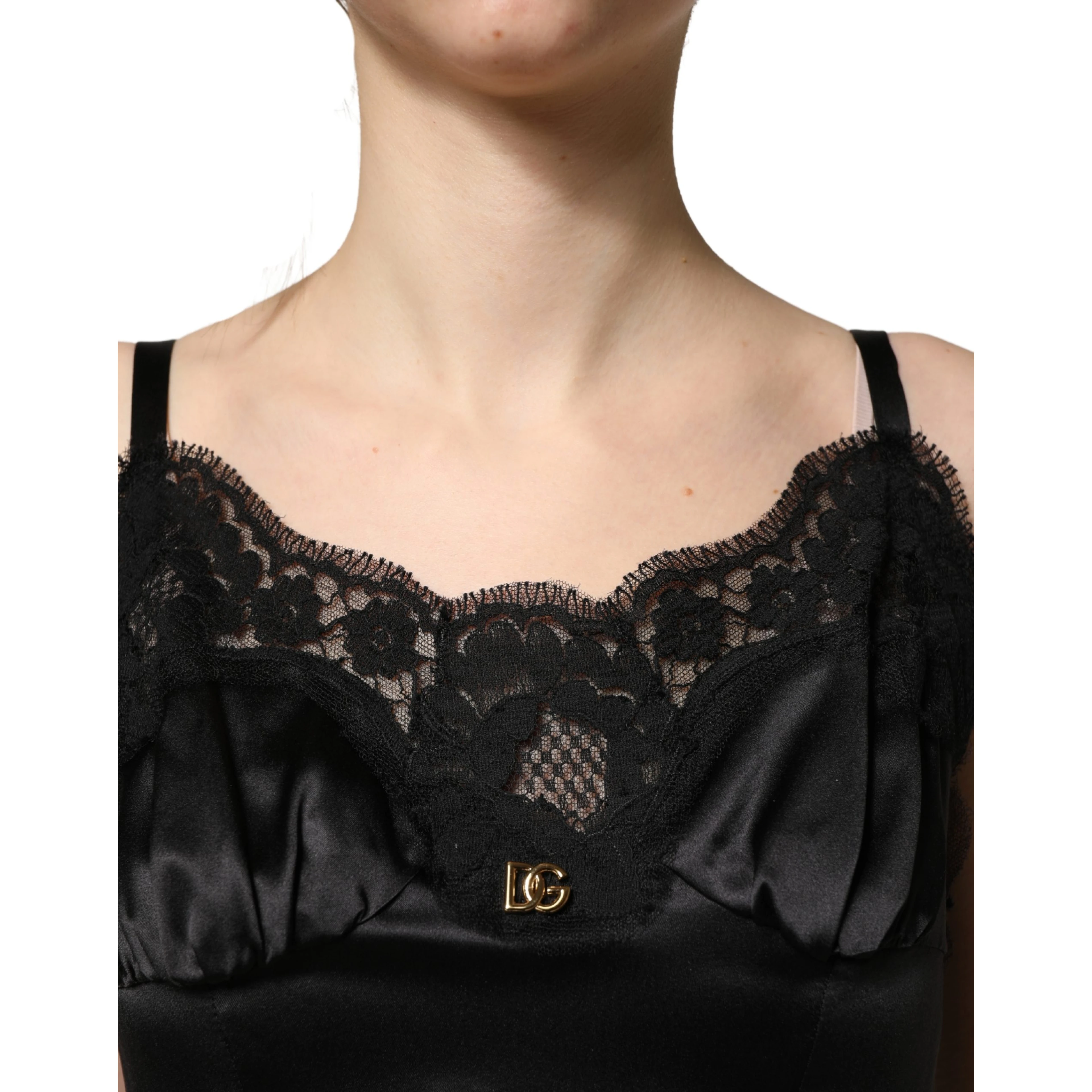 Black Silk Satin Lace Sleeveless Mini Dress