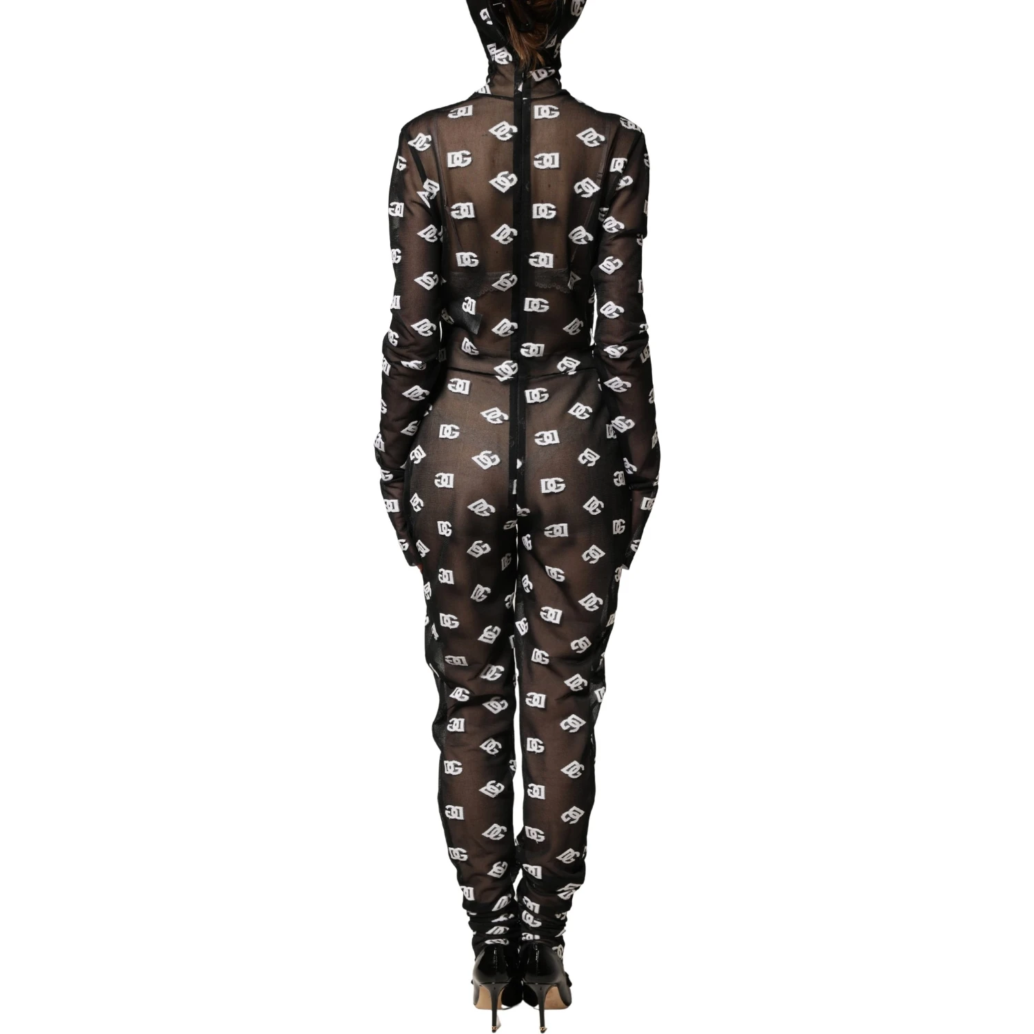 Black White Logo Print Hooded Jumpsuit Dress