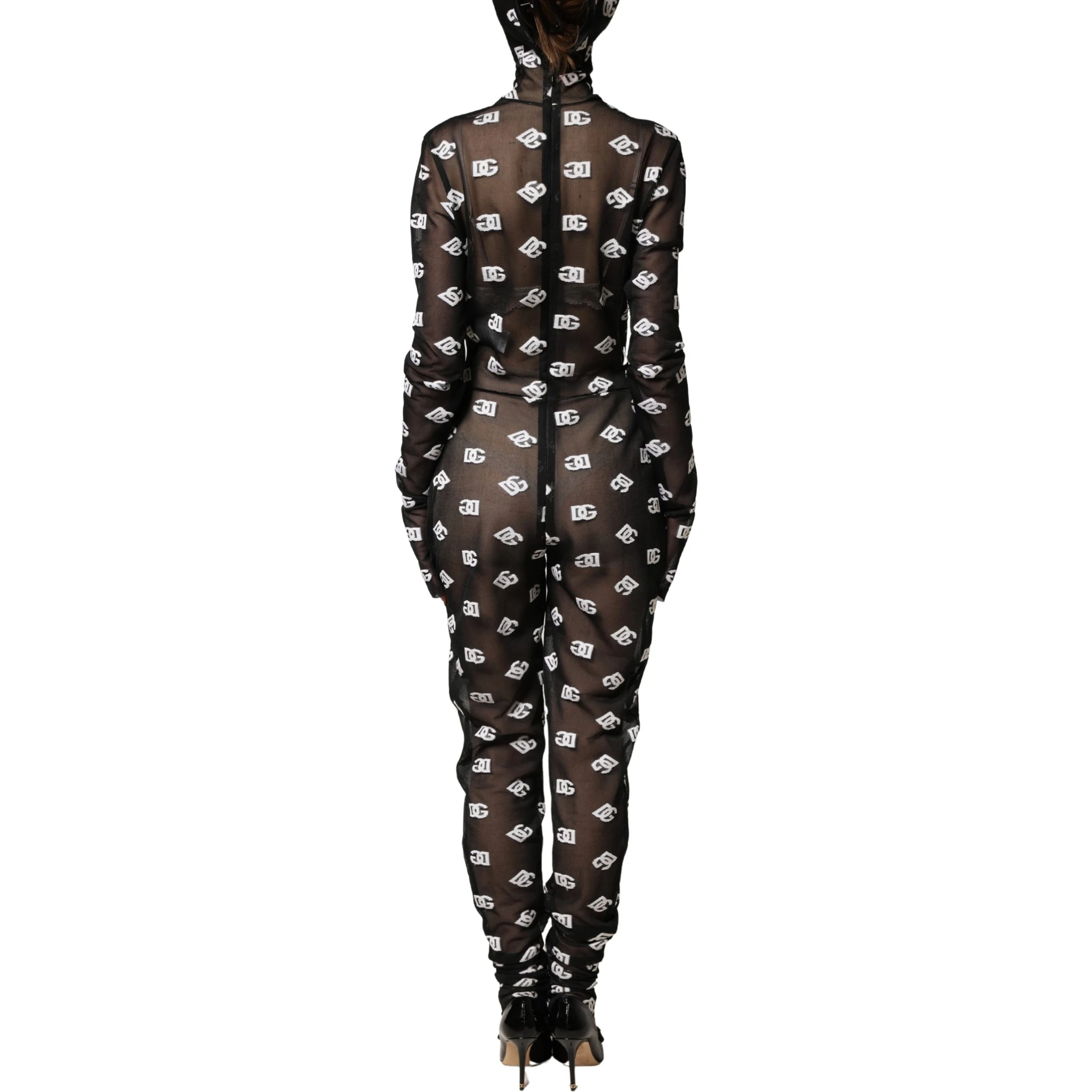 Black White Logo Print Hooded Jumpsuit Dress