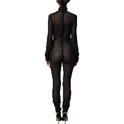 Black Nylon Sheer Turtleneck Jumpsuit Dress