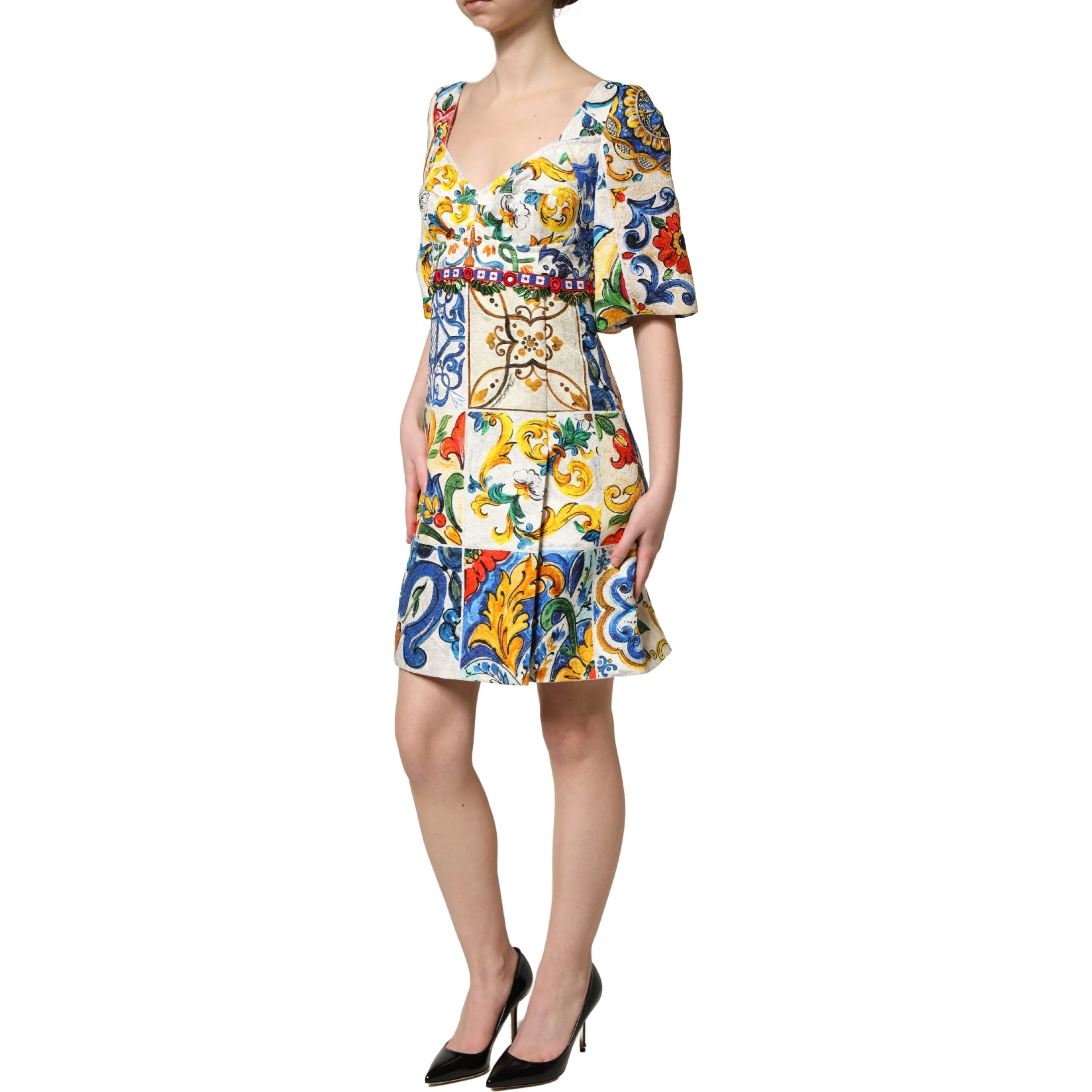 Multicolor Majolica Print Cotton Mini Dress