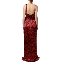 Red Leopard Print Silk Side Slit Maxi Dress