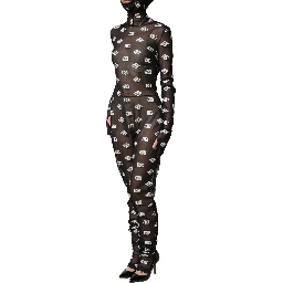 Black White Logo Print Hooded Jumpsuit Dress