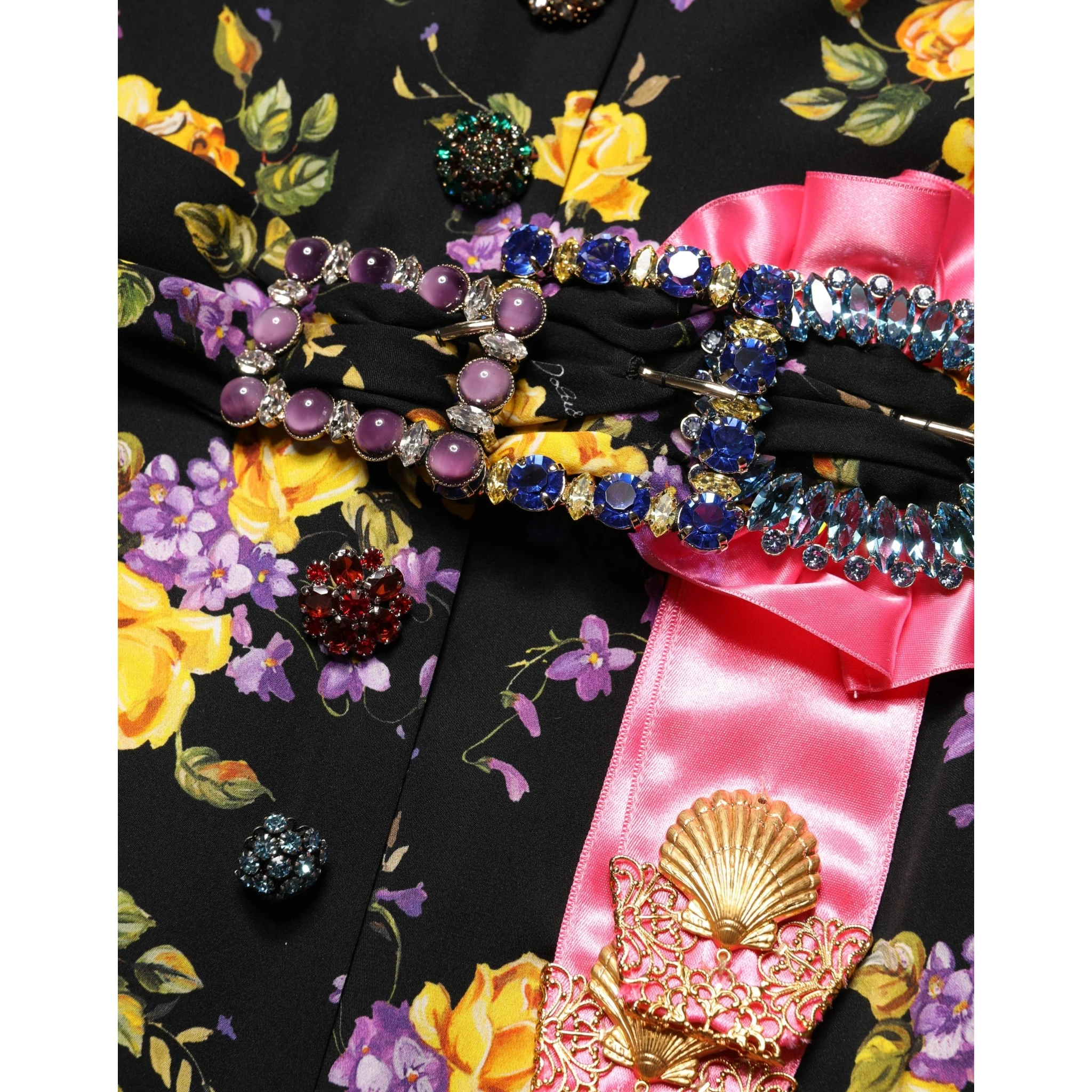 Black Purple Crystal Brooch Silk Midi Dress