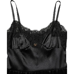 Black Silk Satin Lace Sleeveless Mini Dress