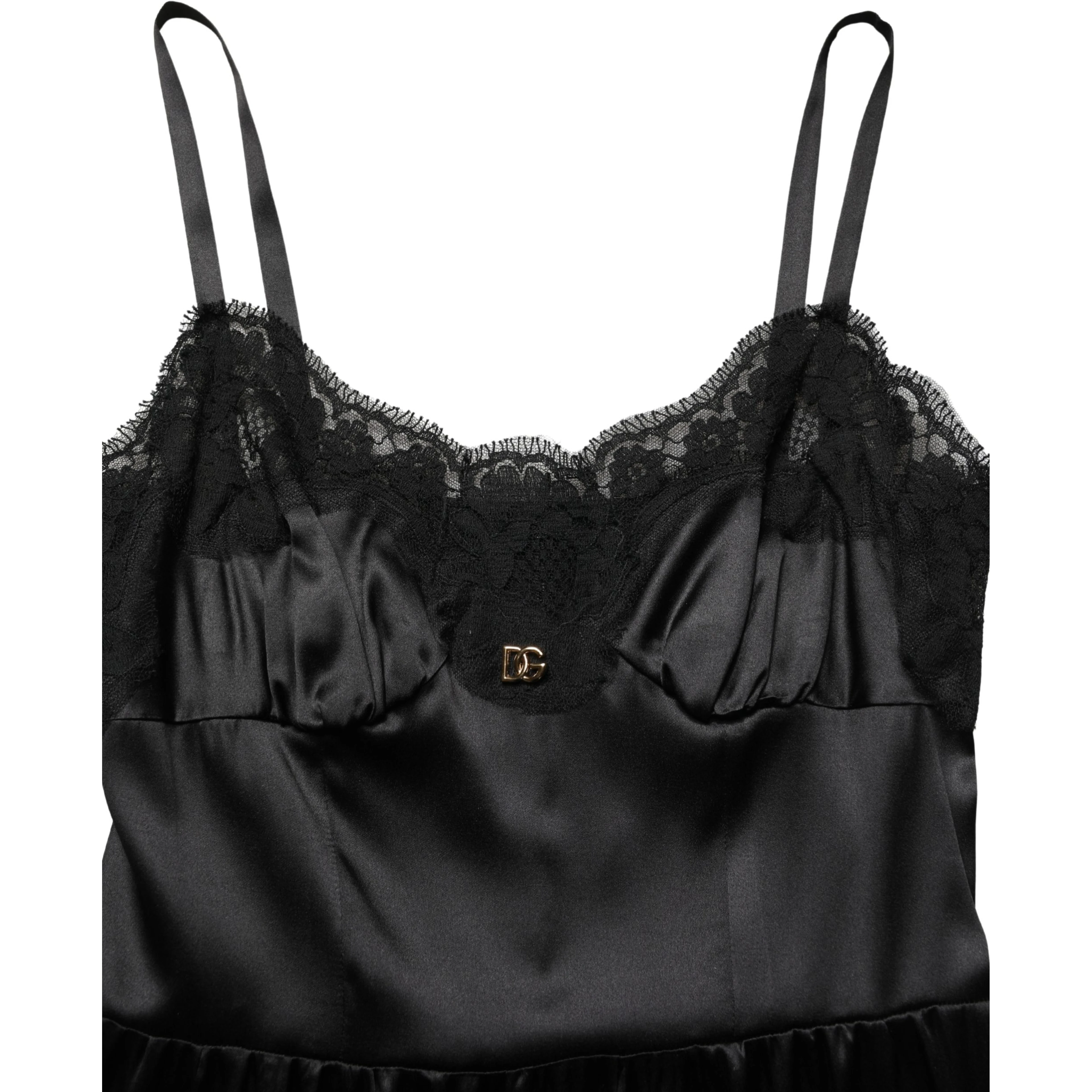 Black Silk Satin Lace Sleeveless Mini Dress