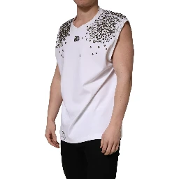 White Rhinestones Sleeveless Round Neck T-shirt