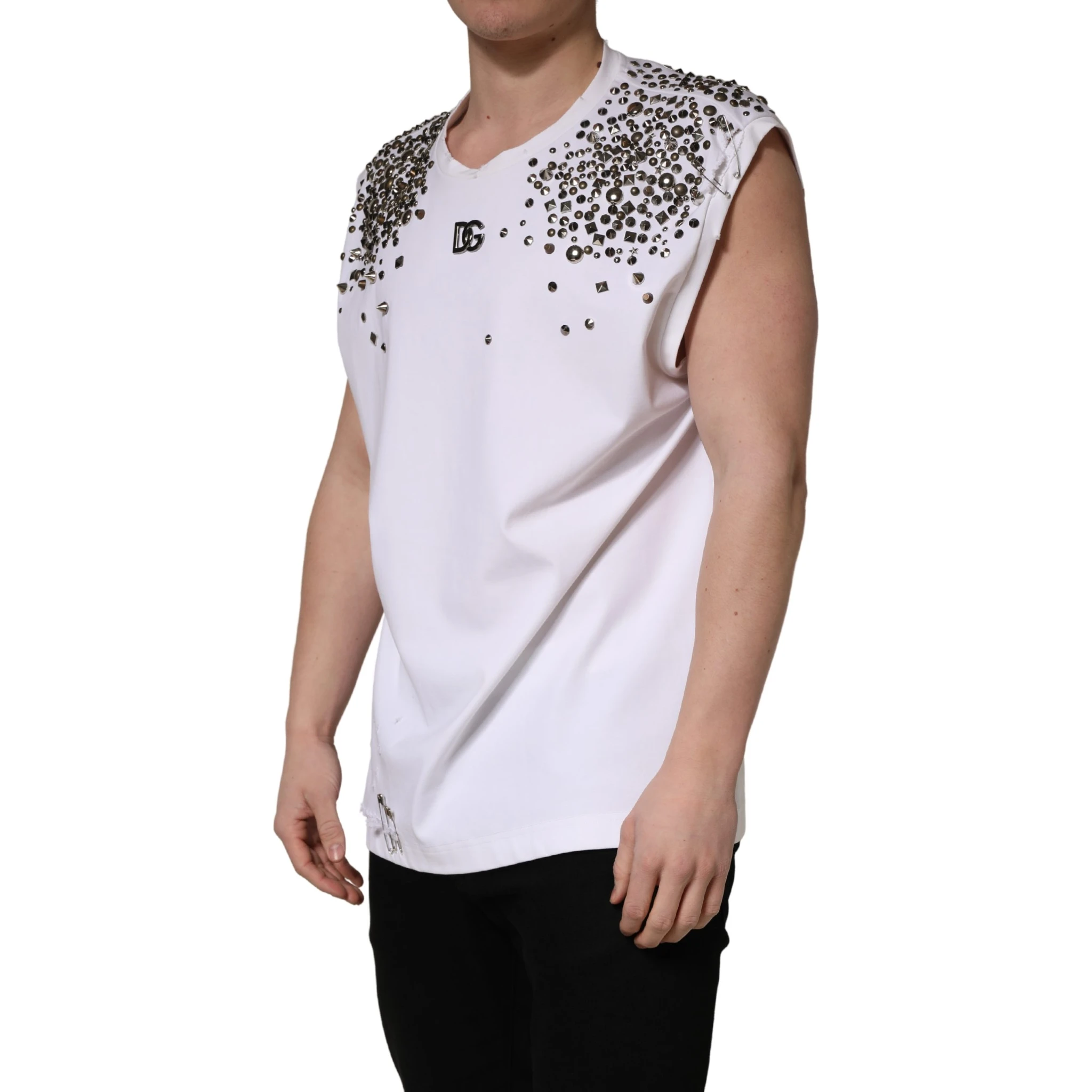White Rhinestones Sleeveless Round Neck T-shirt