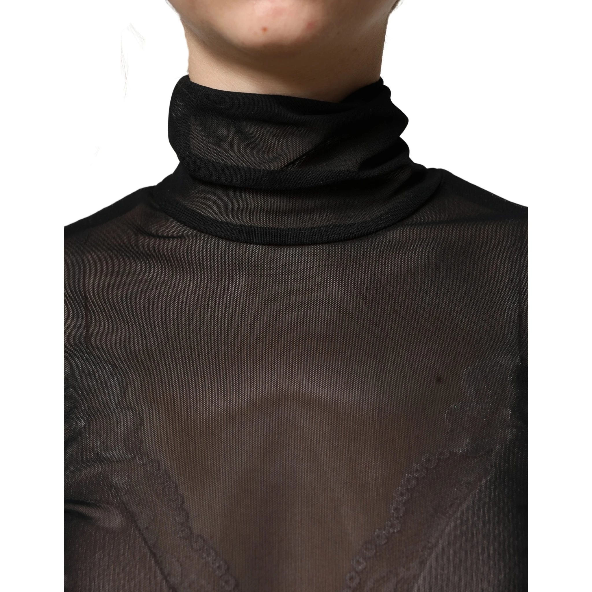 Black Nylon Sheer Turtleneck Jumpsuit Dress