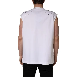 White Rhinestones Sleeveless Round Neck T-shirt