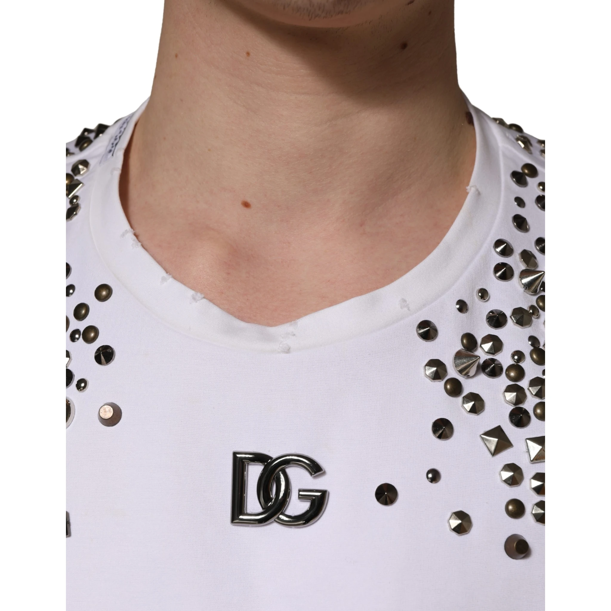 White Rhinestones Sleeveless Round Neck T-shirt
