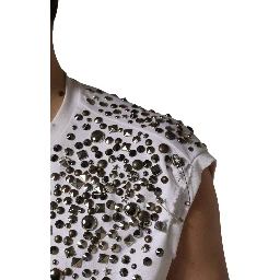 White Rhinestones Sleeveless Round Neck T-shirt