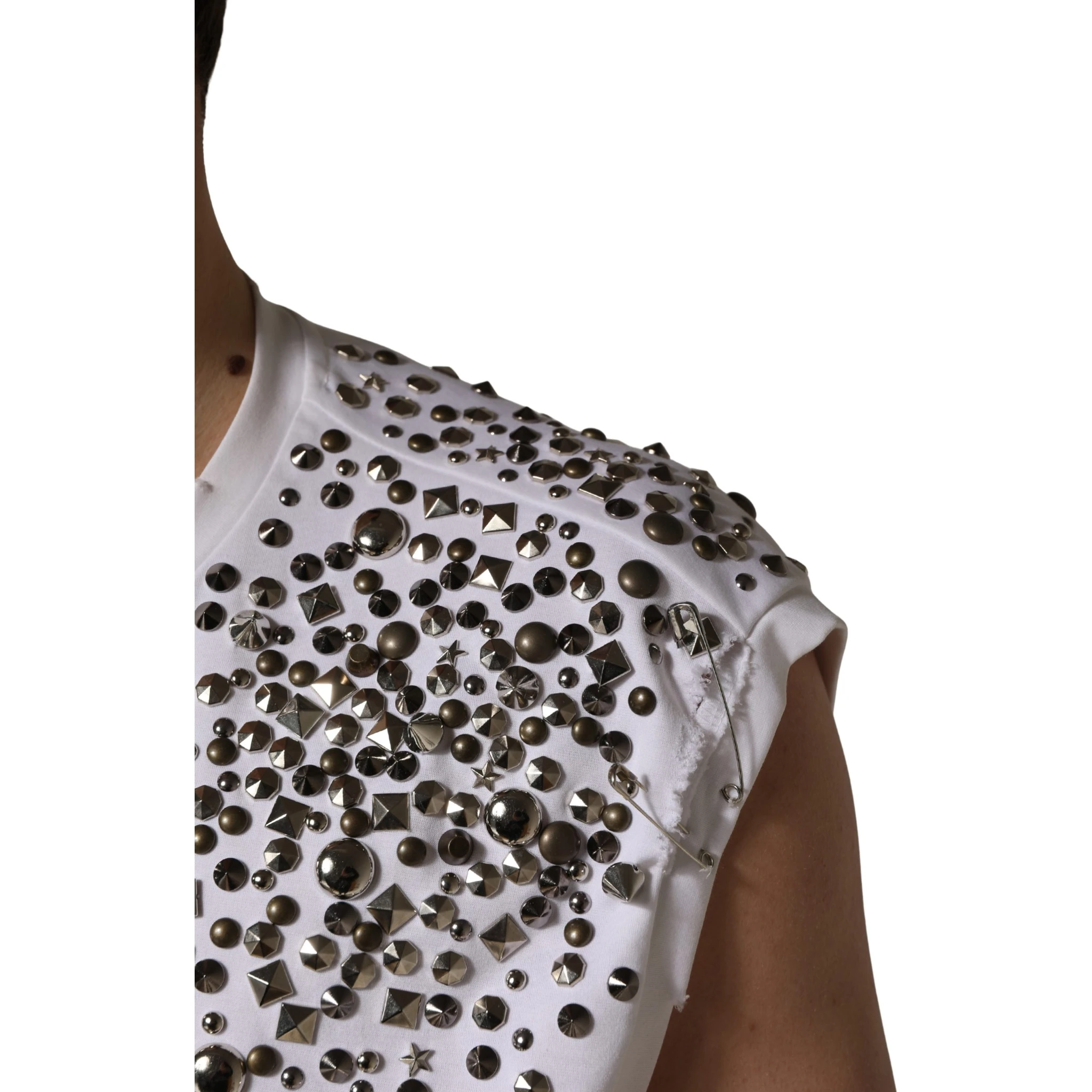 White Rhinestones Sleeveless Round Neck T-shirt