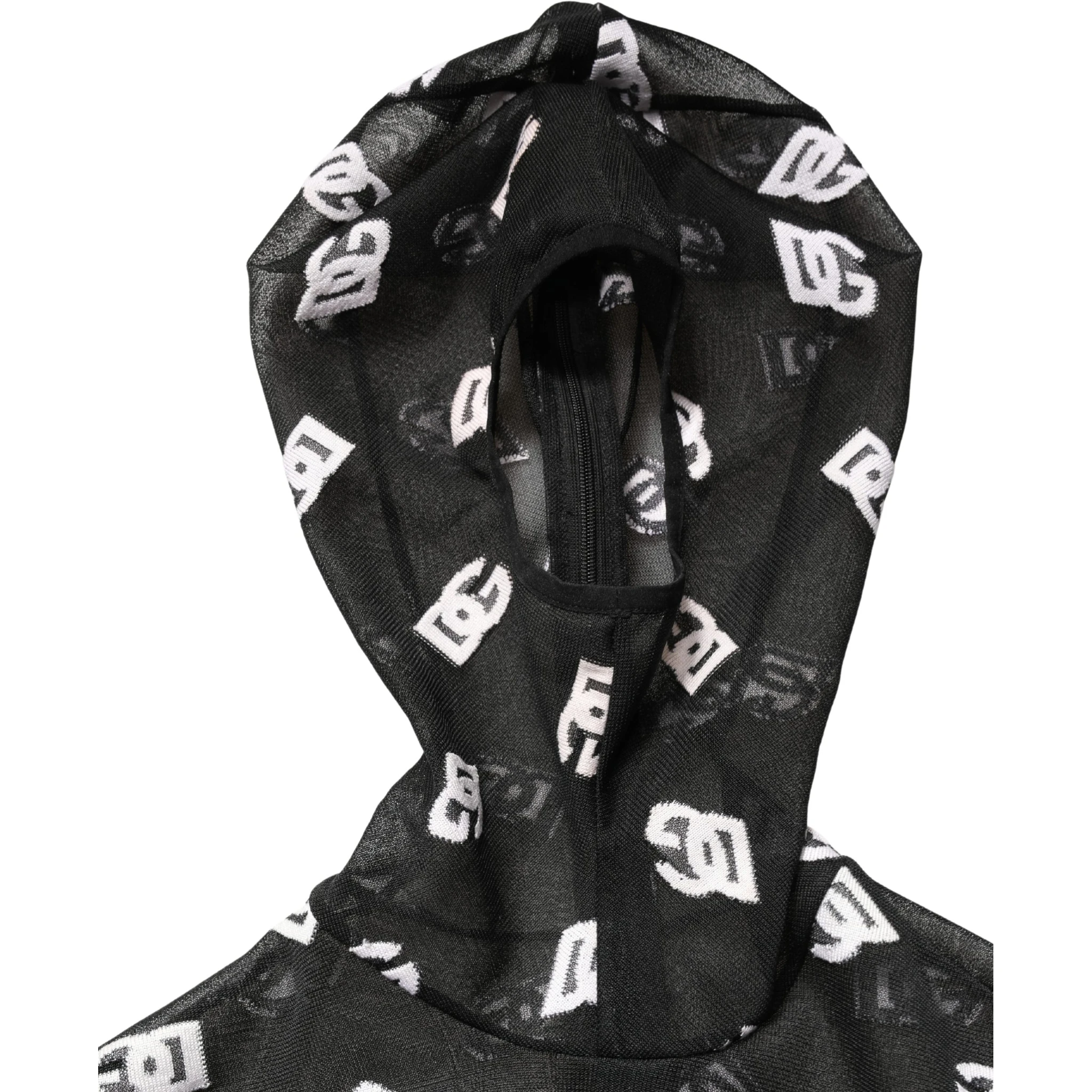 Black White Logo Print Hooded Jumpsuit Dress