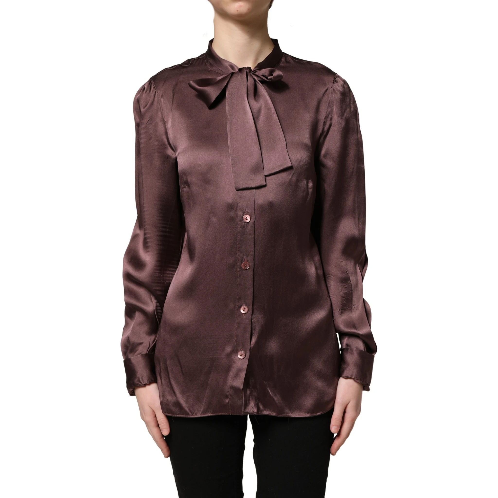 Violet Satin Long Sleeve Ascot Tie Shirt Top