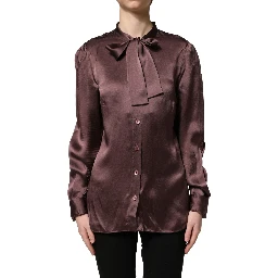 Violet Satin Long Sleeve Ascot Tie Shirt Top