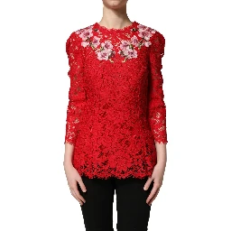 Red Lace Floral Embroidery Long Sleeves Top