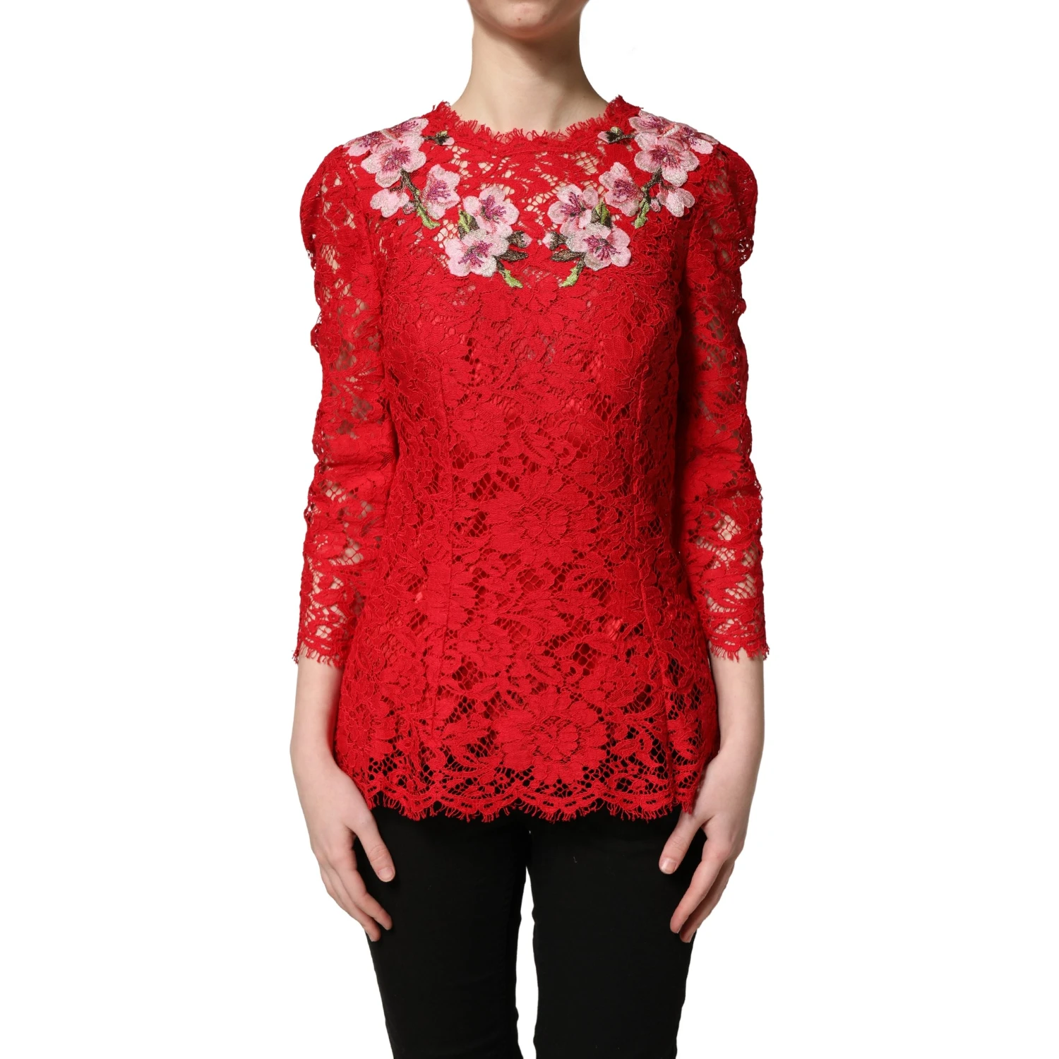 Red Lace Floral Embroidery Long Sleeves Top