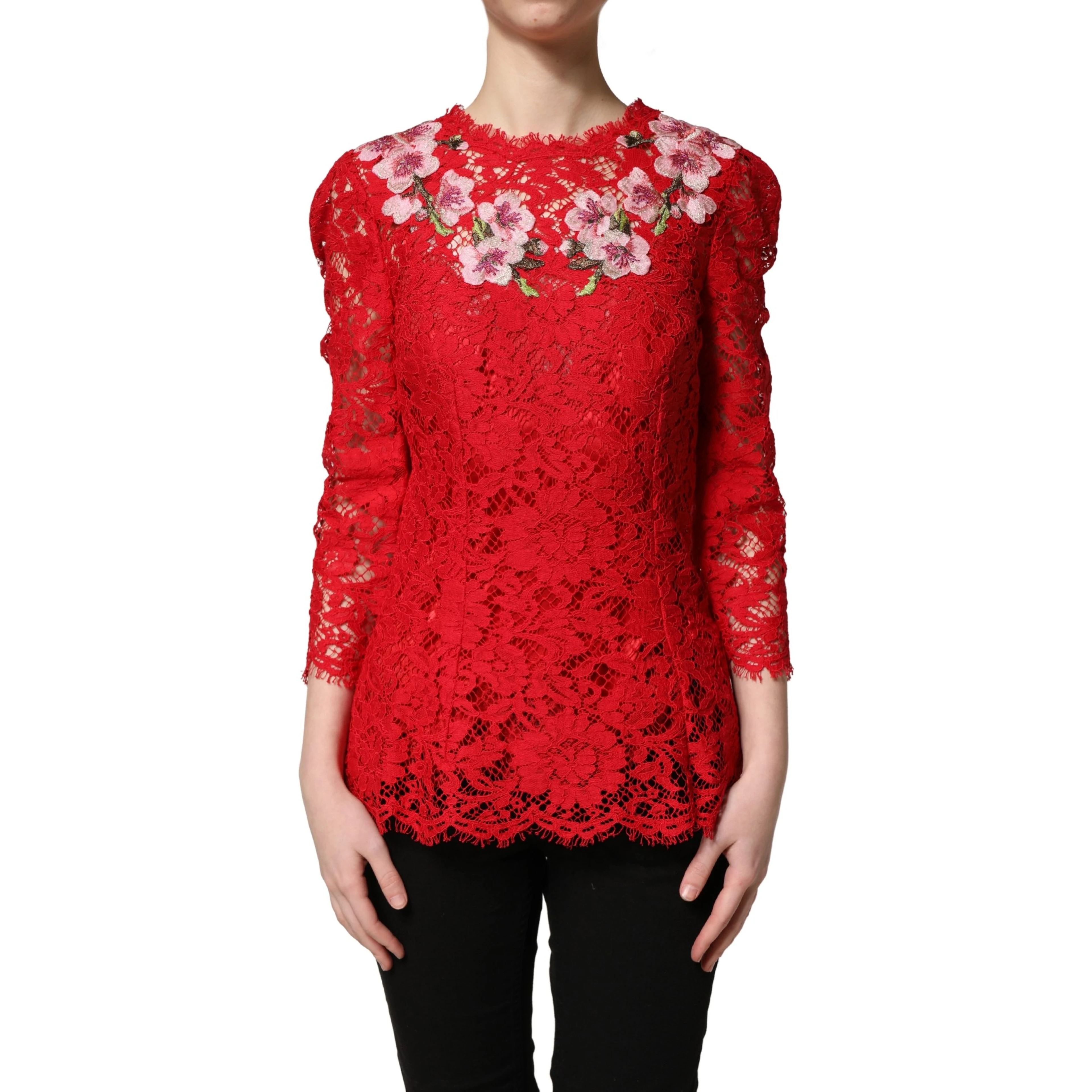 Red Lace Floral Embroidery Long Sleeves Top