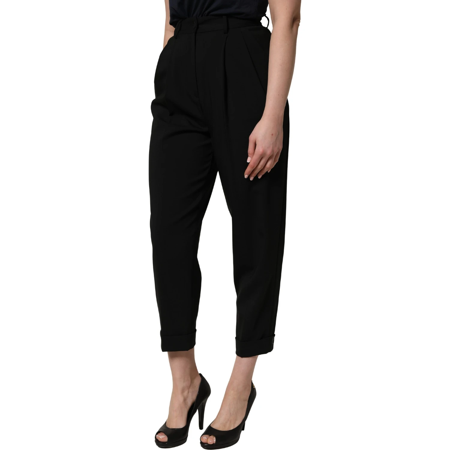 Black Wool High Waist Cropped Trouser Pants